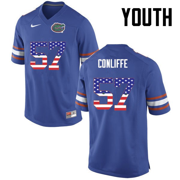 Florida Gators Youth #57 Elijah Conliffe College Football USA Flag Fashion Blue